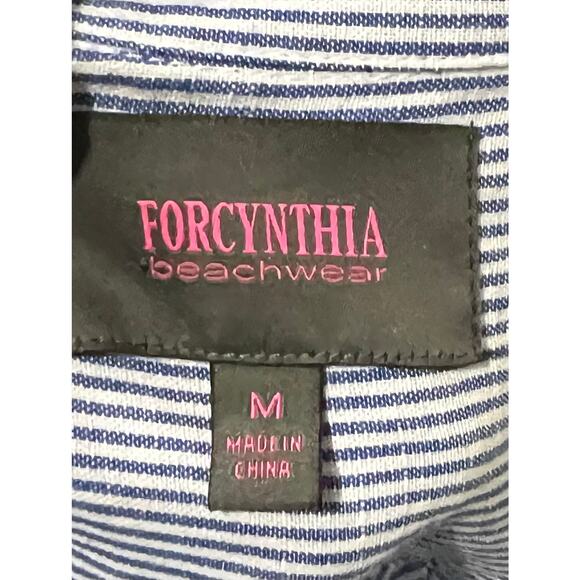 For Cynthia Linen Blend Cover Up Top Tunic Blue Striped Roll Tab Sleeves Size M - Picture 8 of 9